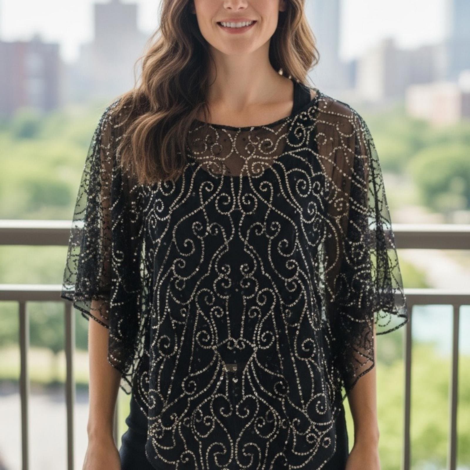 BCBGMaxAzria Black Beaded Sheer Overlay Top - Image 1