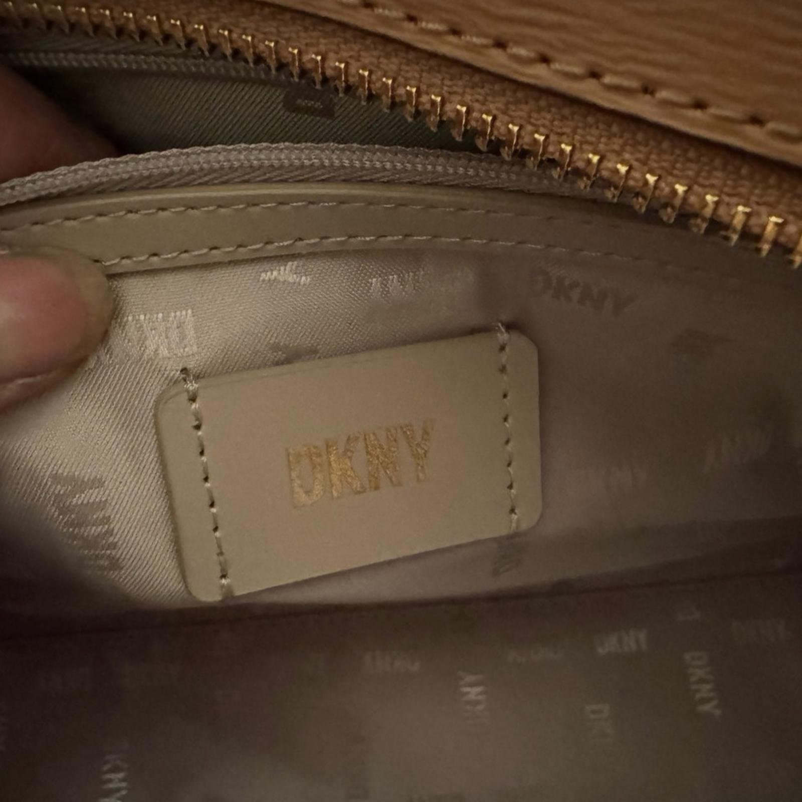 DKNY Tan Leather Structured Satchel with Front Zip - Thumbnail 7