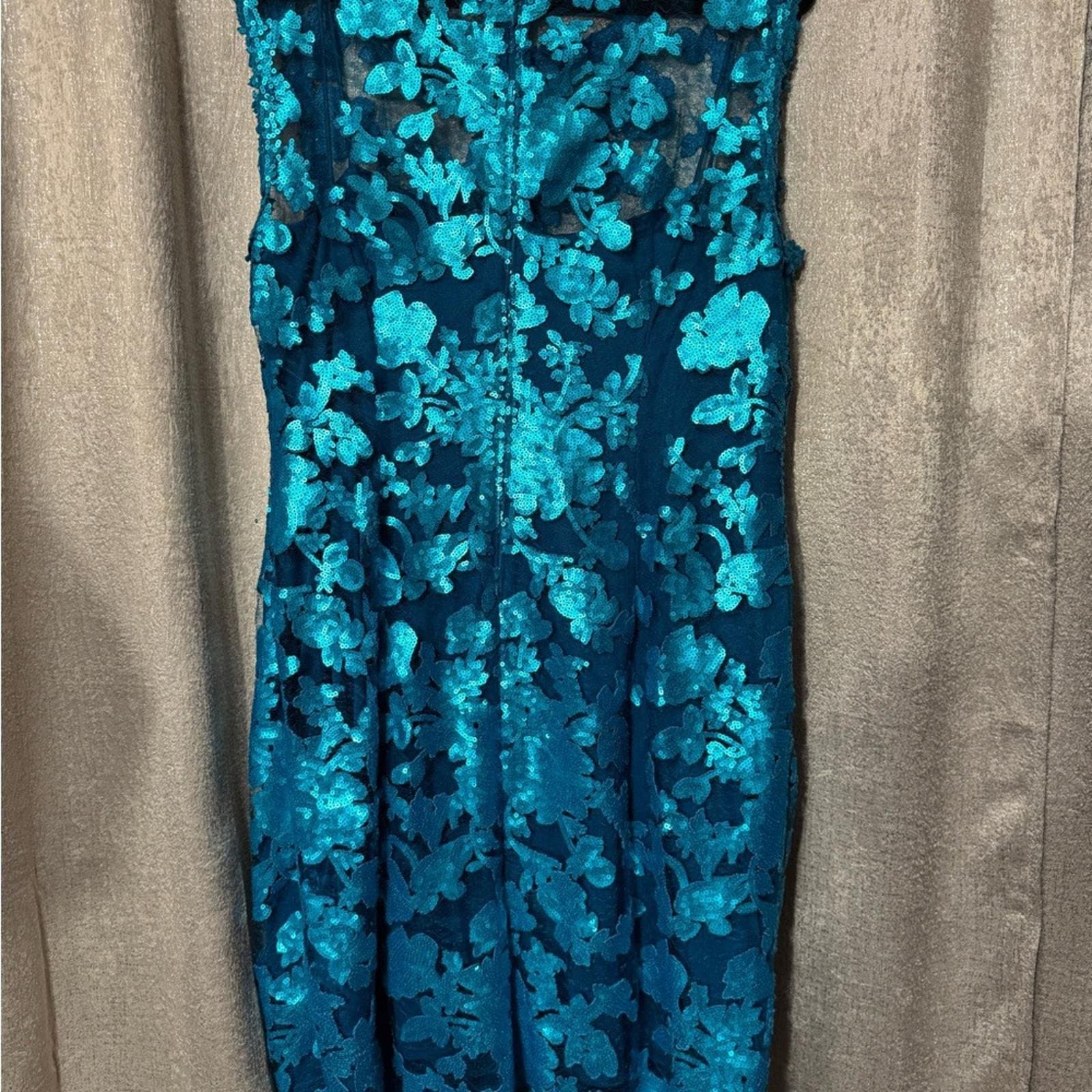 Adrianna Papell Teal Lace Dress - Thumbnail 3