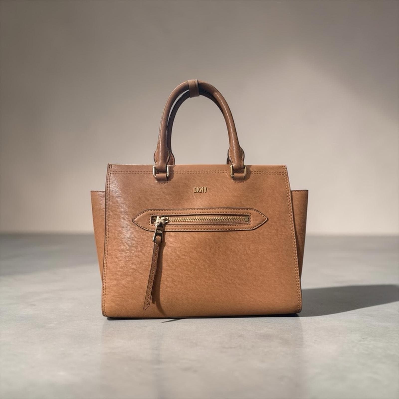 DKNY Tan Leather Structured Satchel with Front Zip - Image 1