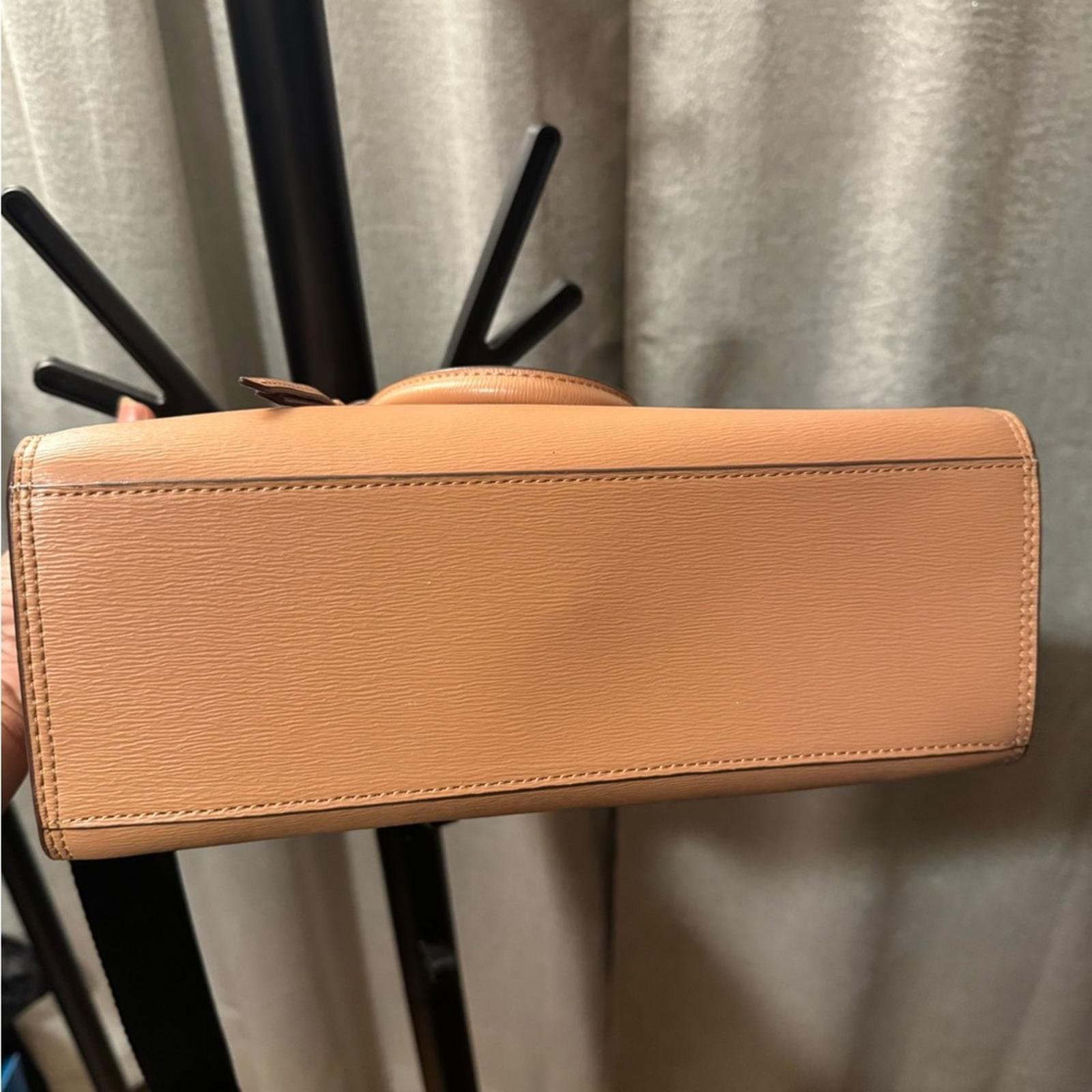 DKNY Tan Leather Structured Satchel with Front Zip - Thumbnail 9