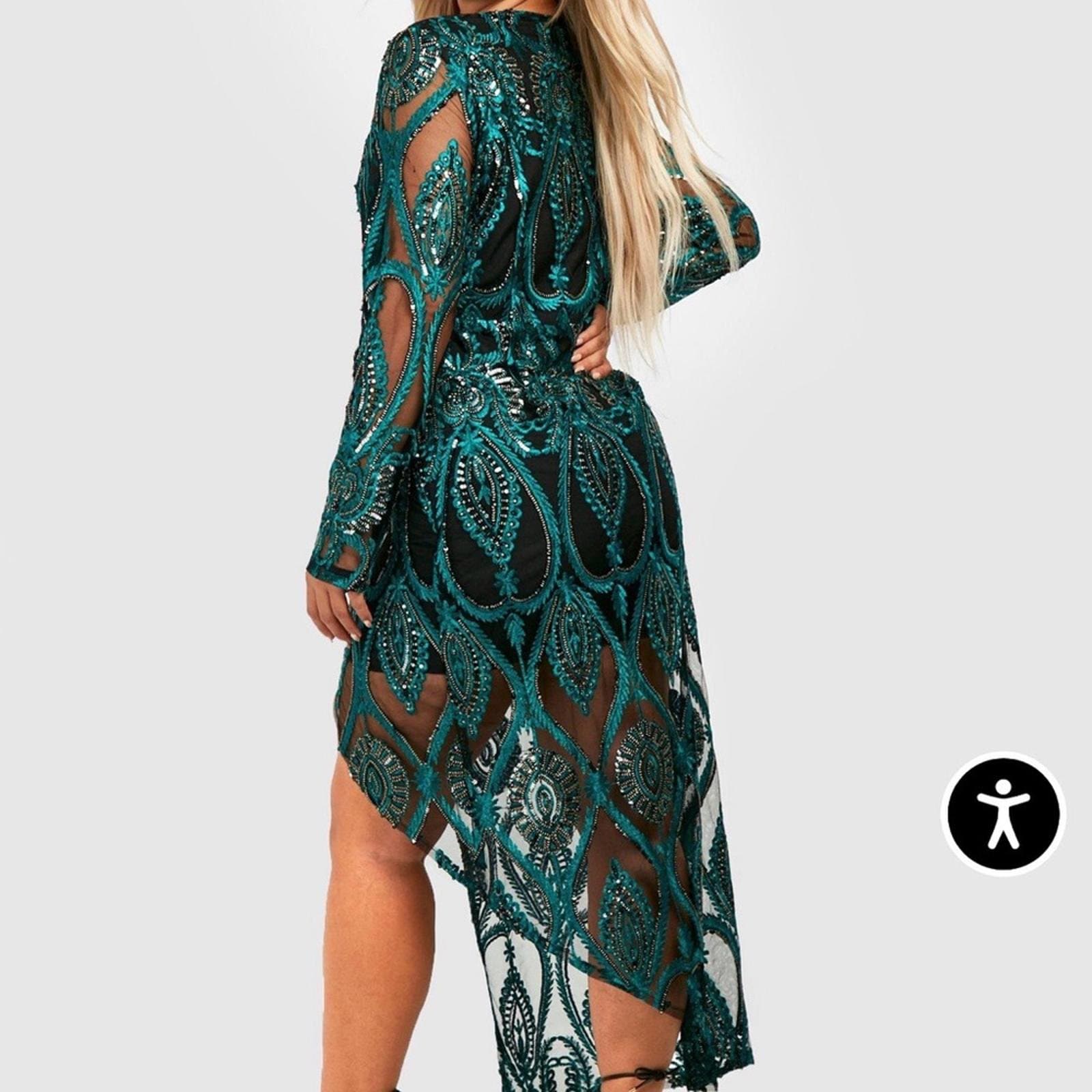 Boohoo Sequin Damask Plunge Maxi Party Dress - Thumbnail 6