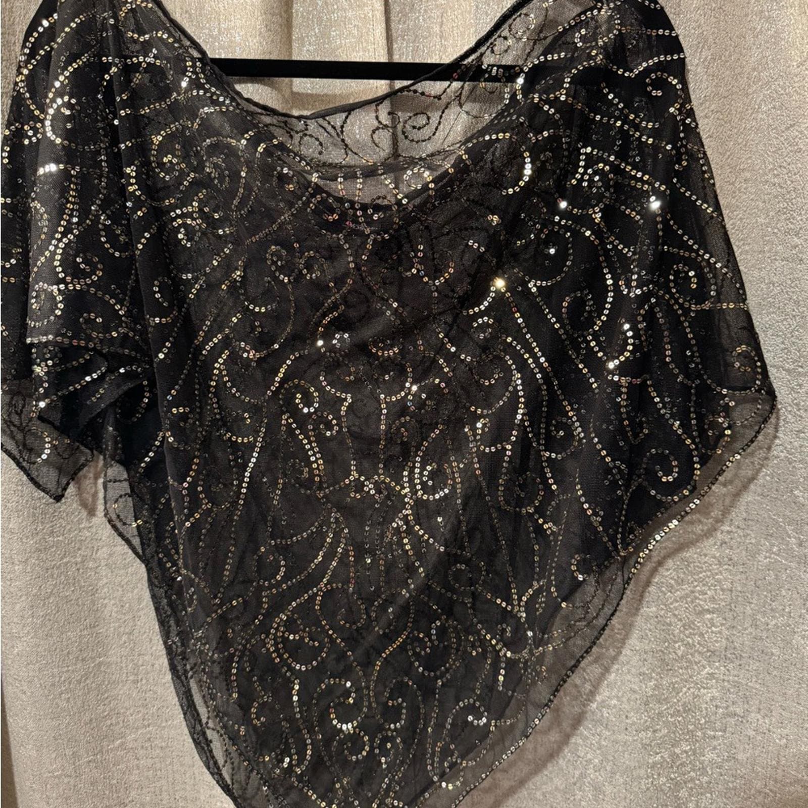 BCBGMaxAzria Black Beaded Sheer Overlay Top - Thumbnail 2