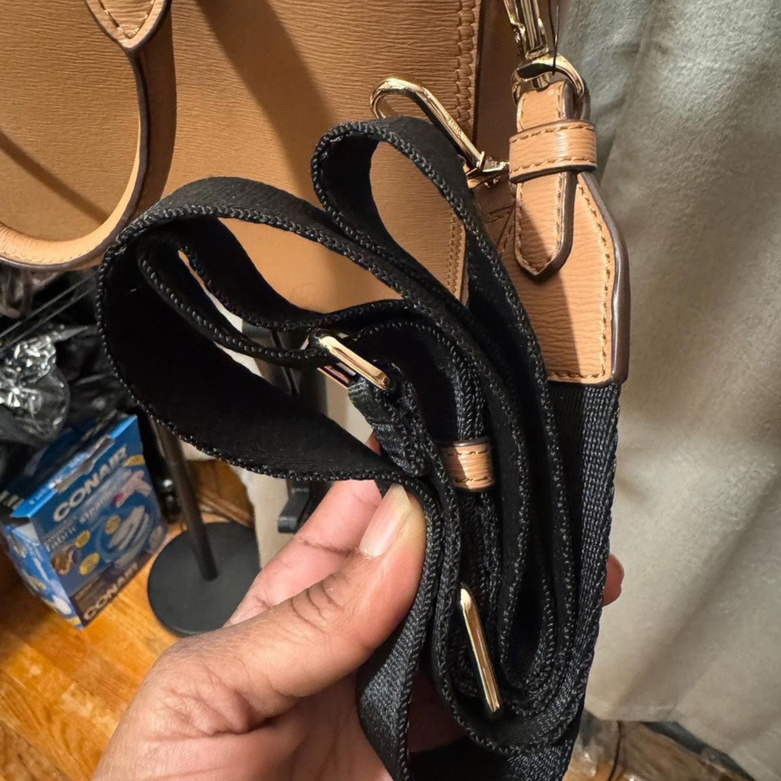 DKNY Tan Leather Structured Satchel with Front Zip - Thumbnail 4