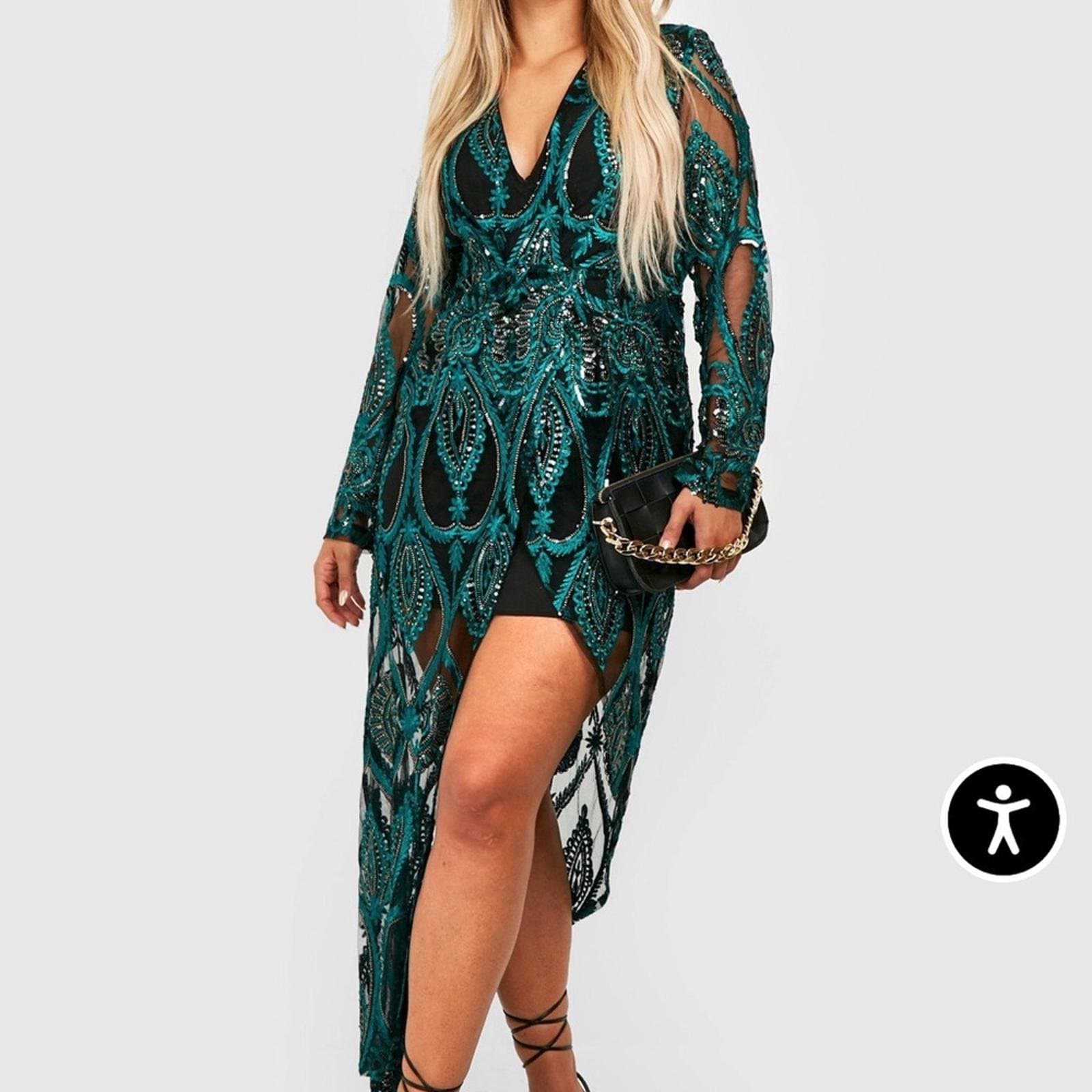 Boohoo Sequin Damask Plunge Maxi Party Dress - Image 1