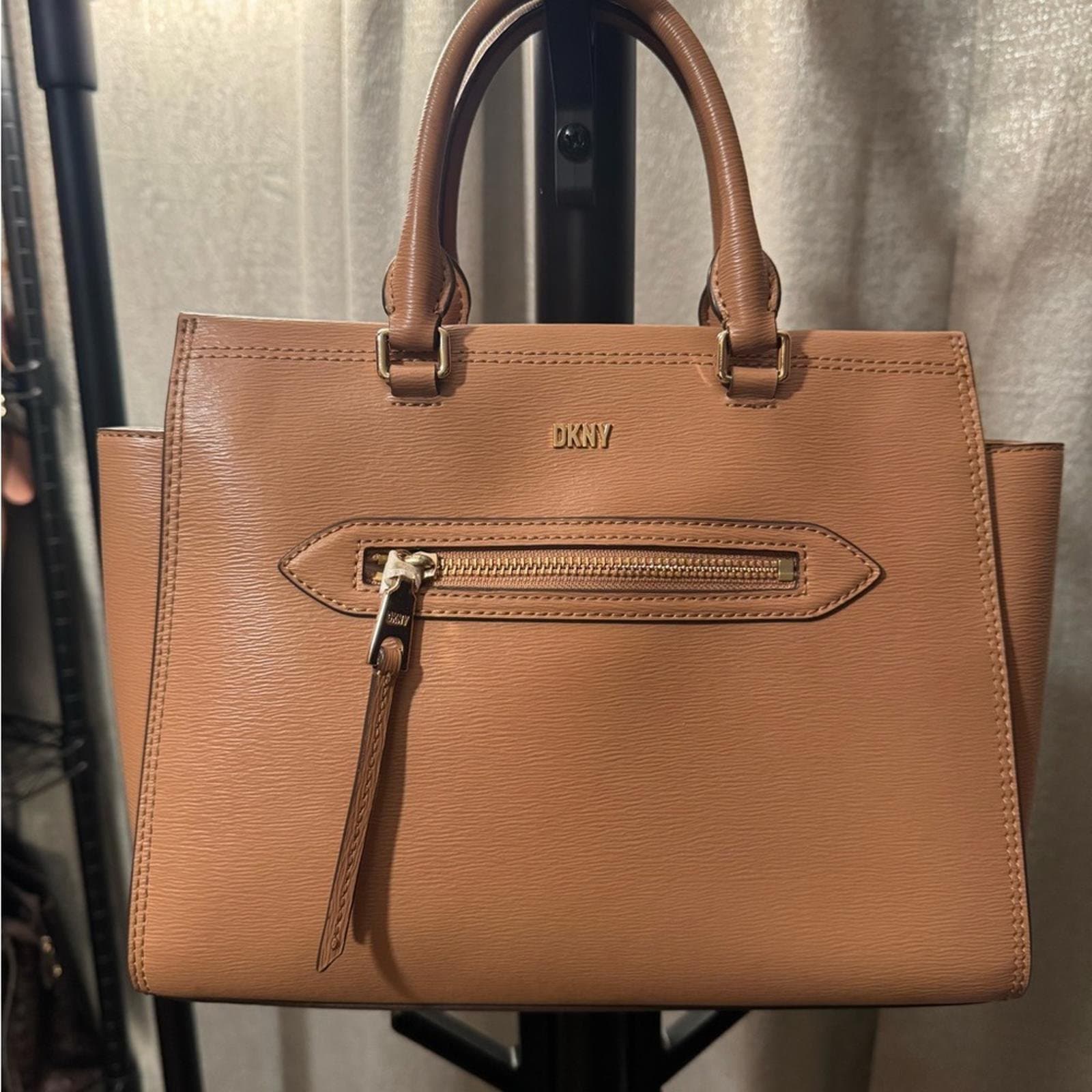 DKNY Tan Leather Structured Satchel with Front Zip - Thumbnail 2