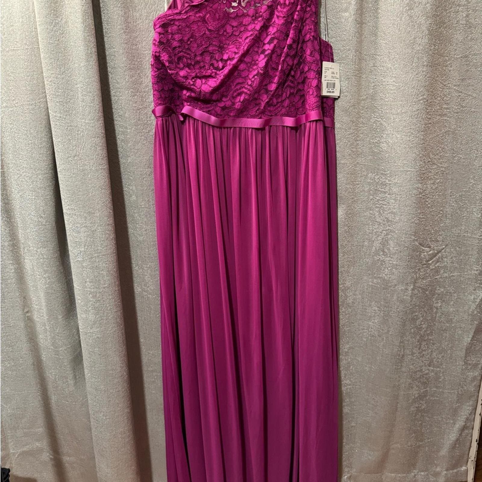 David's Bridal One-Shoulder Lace Bodice Maxi Dress in Plum - Thumbnail 2
