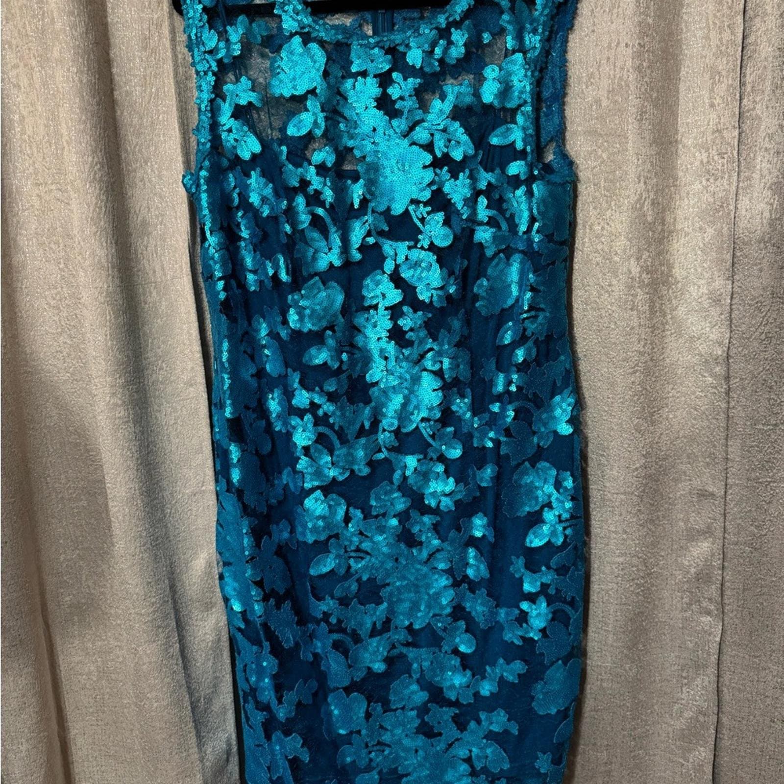Adrianna Papell Teal Lace Dress - Thumbnail 2