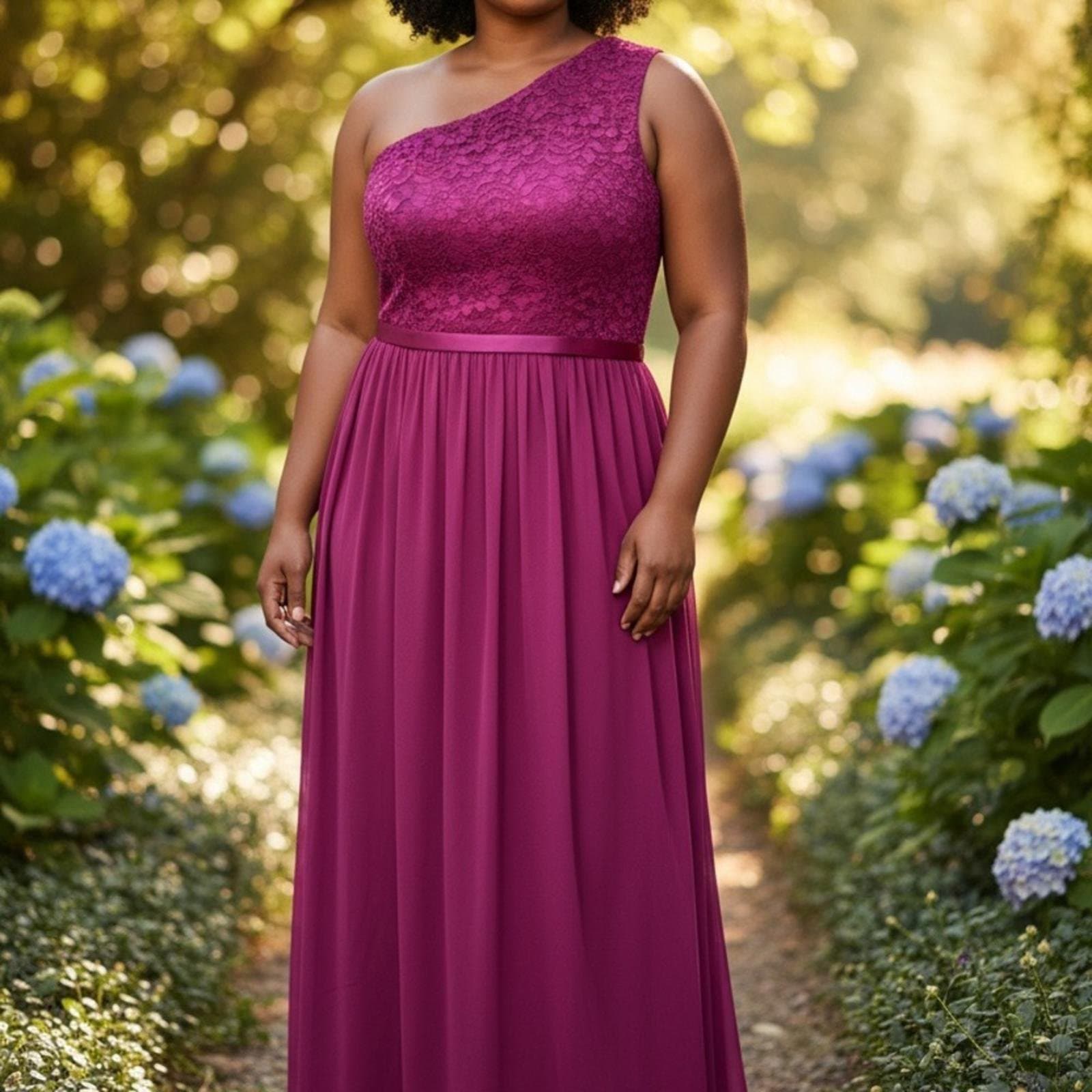 David's Bridal One-Shoulder Lace Bodice Maxi Dress in Plum - Image 1