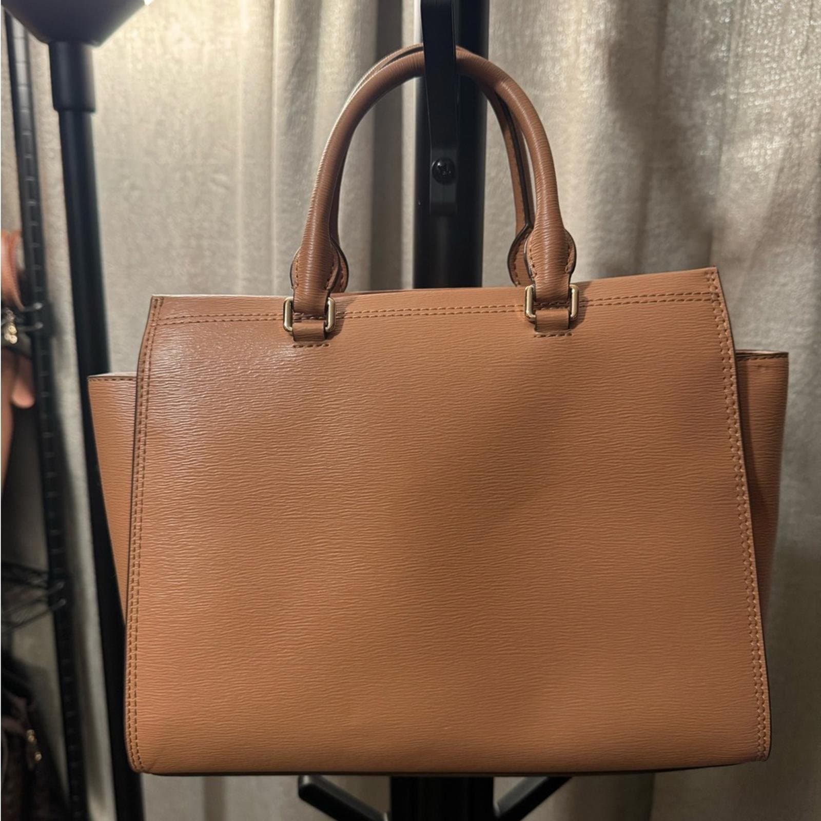 DKNY Tan Leather Structured Satchel with Front Zip - Thumbnail 3