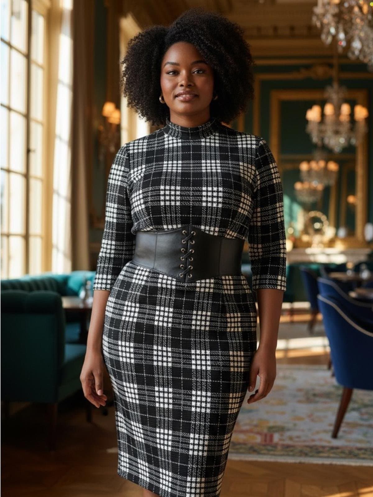 New York & Company Black and White Plaid Pencil Skirt - Image 1