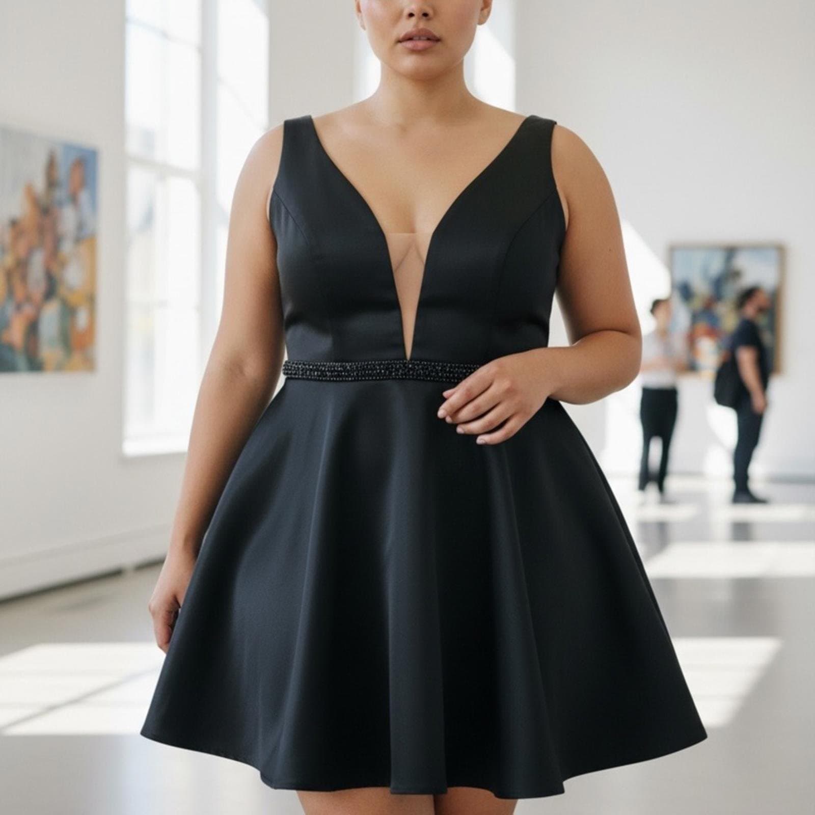 Sherri Hill Black Deep V-Neck Mini Dress - Image 1