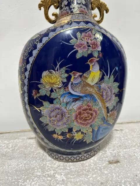 Blue And Gold Chinese Porcelain Bird And Floral Vase - Thumbnail 3