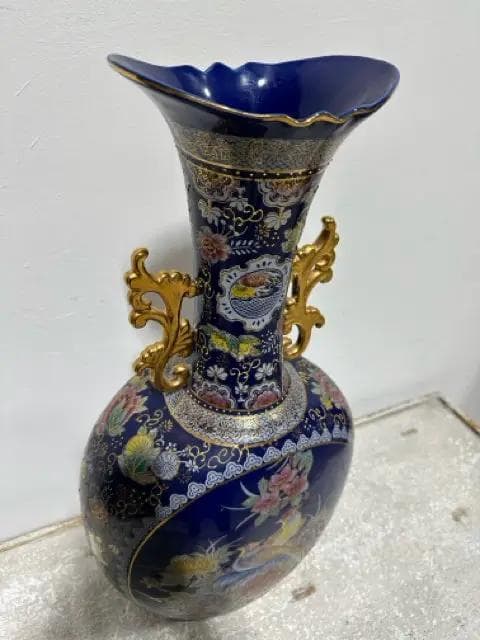 Blue And Gold Chinese Porcelain Bird And Floral Vase - Thumbnail 2