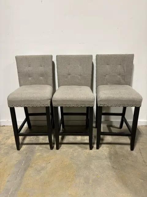 Set Of 3 Grey Barstools With Silver Nailheads - Image 1