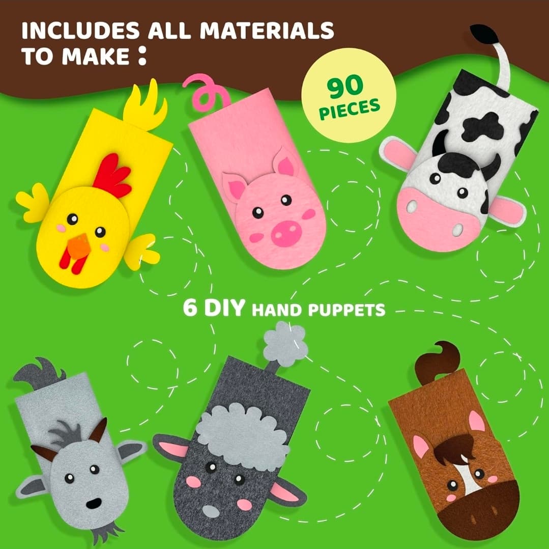 6 Sets of Hand Puppet Craft Kit Farm Animals 90+ Pieces for toddlers - Thumbnail 2