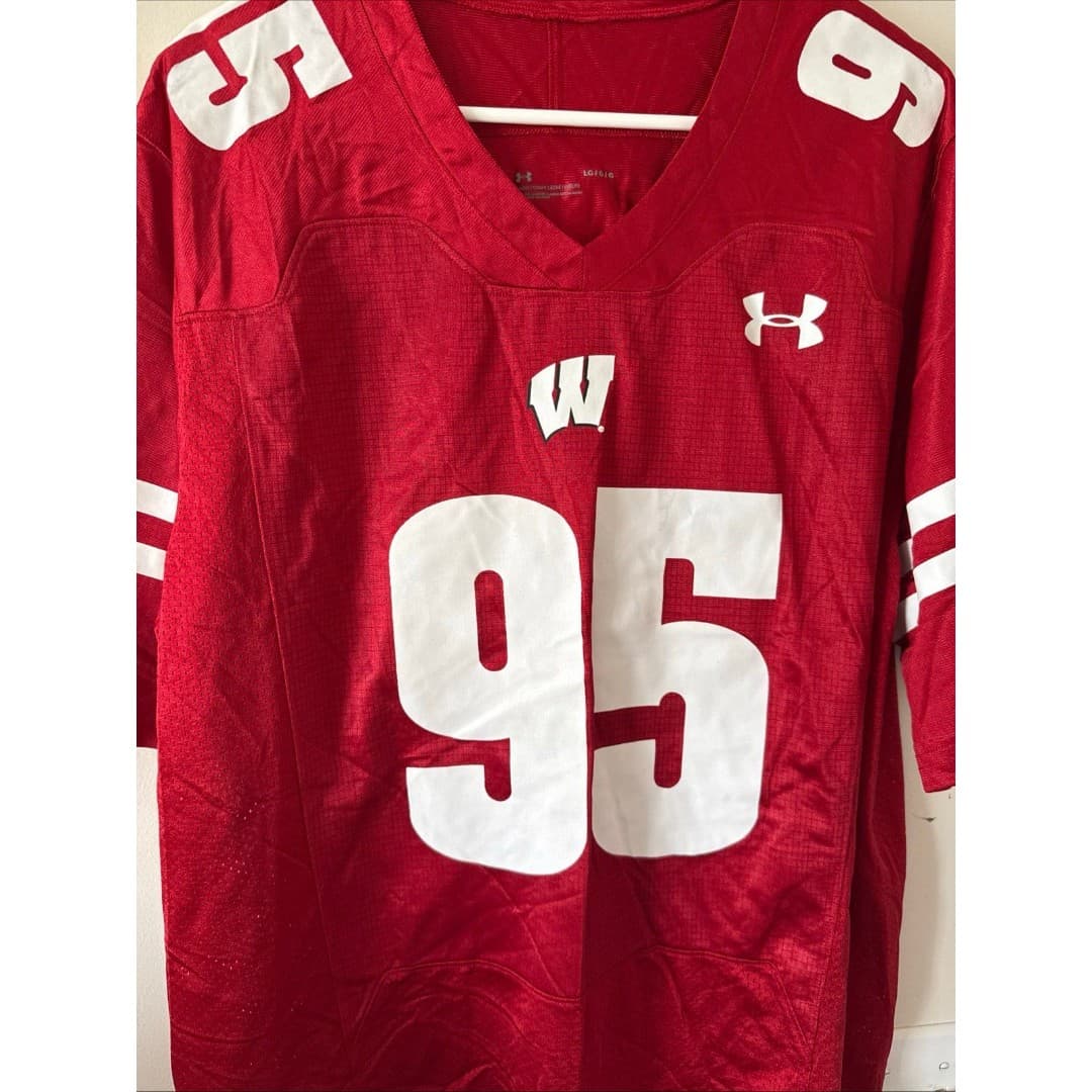 Men’s Under Armour Wisconsin Badgers Keeanu Benton #95 Football Jersey Sz L Red - Thumbnail 2