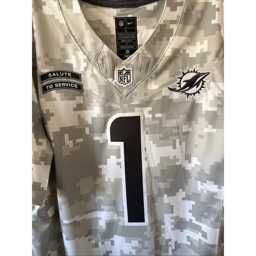 Men’s Nike Tua Tagovailoa #1 Miami Dolphins Salute to Service Vapor Jersey Sz L - Thumbnail 2