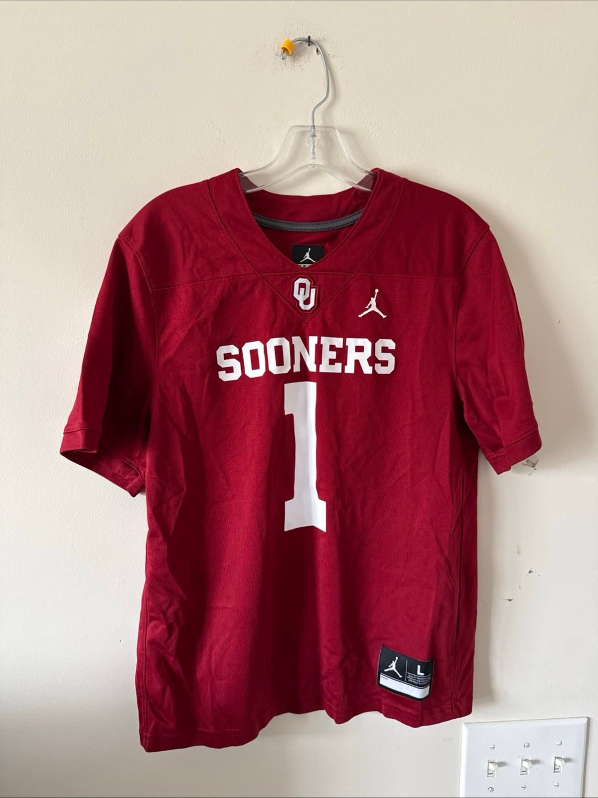 Boy’s Jordan Oklahoma Sooners #1 Football Jersey Sz Youth Large - Red - Image 1