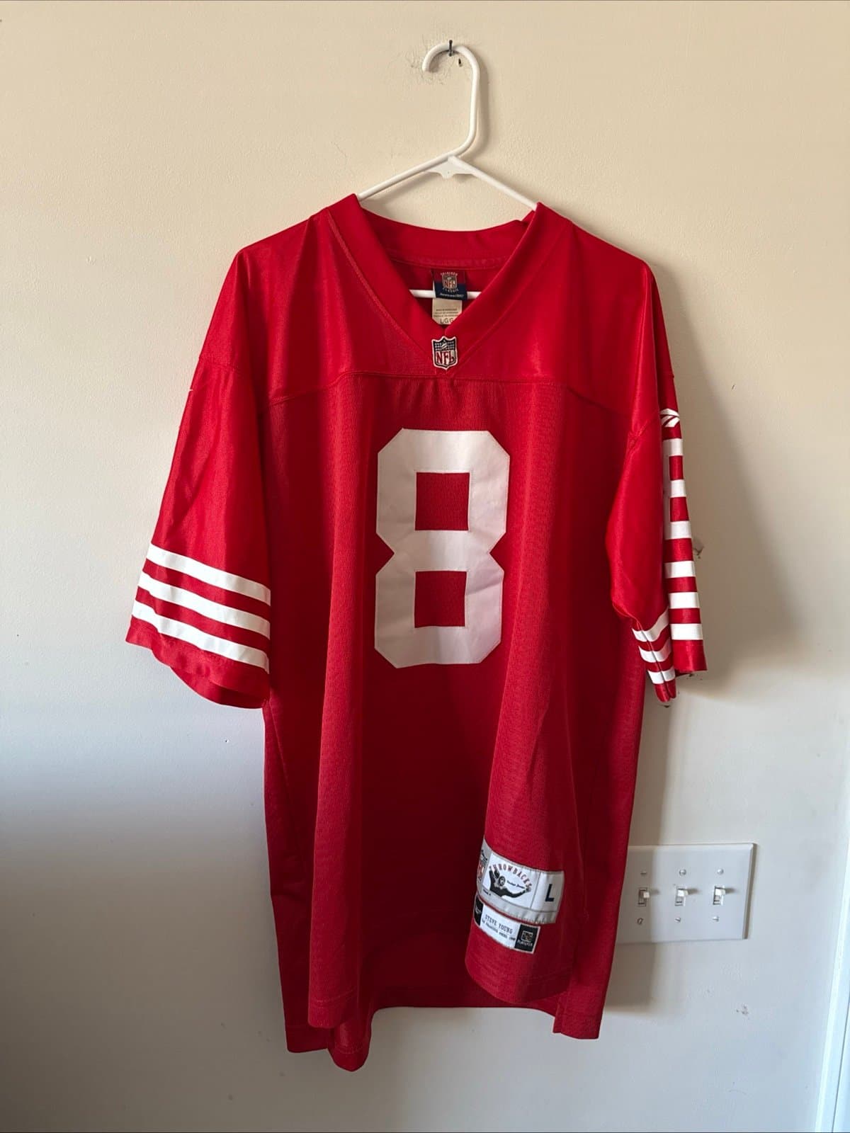 Men’s Reebok NFL Vintage Steve Young #8 San Francisco 49ers Jersey Sz L - Red - Image 1