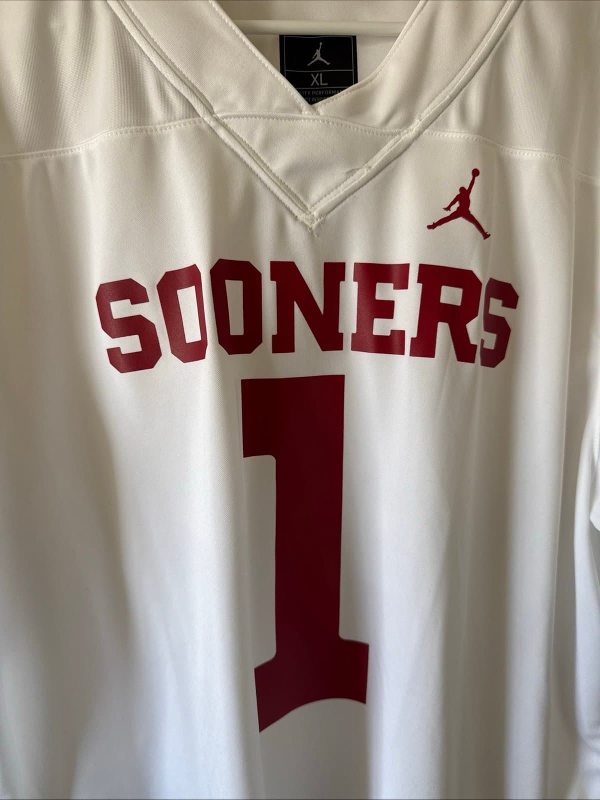 Men’s Jordan Oklahoma Sooners #1 NCAA Football Game Jersey Sz XL - White RARE - Thumbnail 2