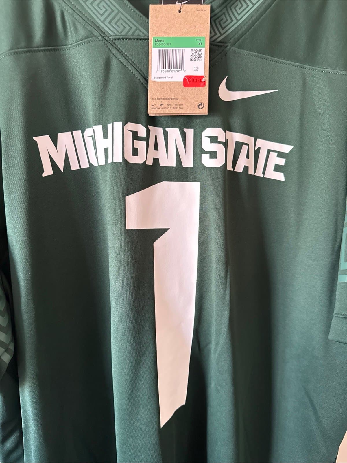Men’s Nike Michigan State Spartans #1 Green Dri-FIT Jersey Sz XL - Green NWT - Thumbnail 2
