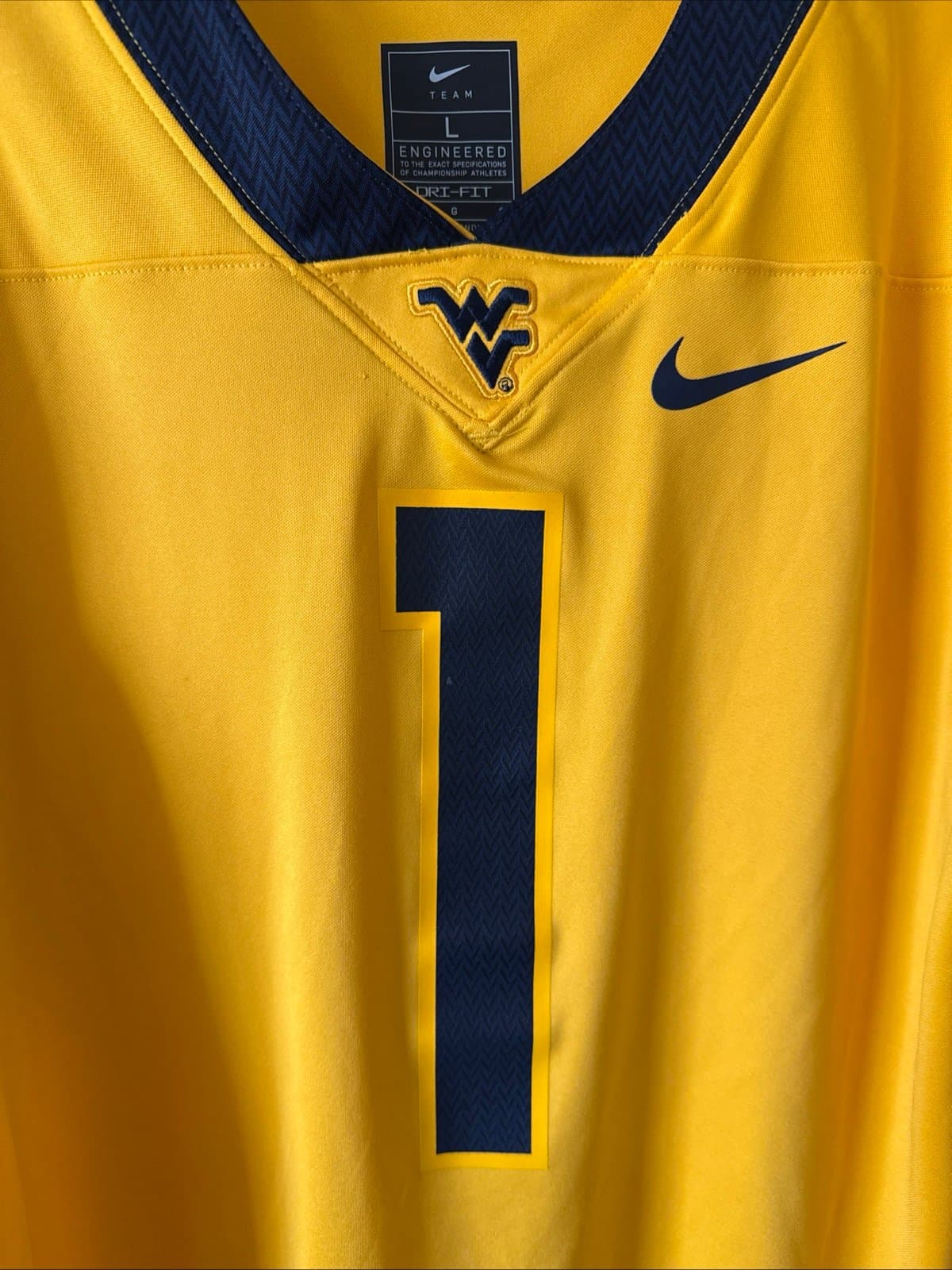 Men’s Nike West Virginia Mountaineers #1 Football NCAA Jersey Sz L - Gold RARE - Thumbnail 2