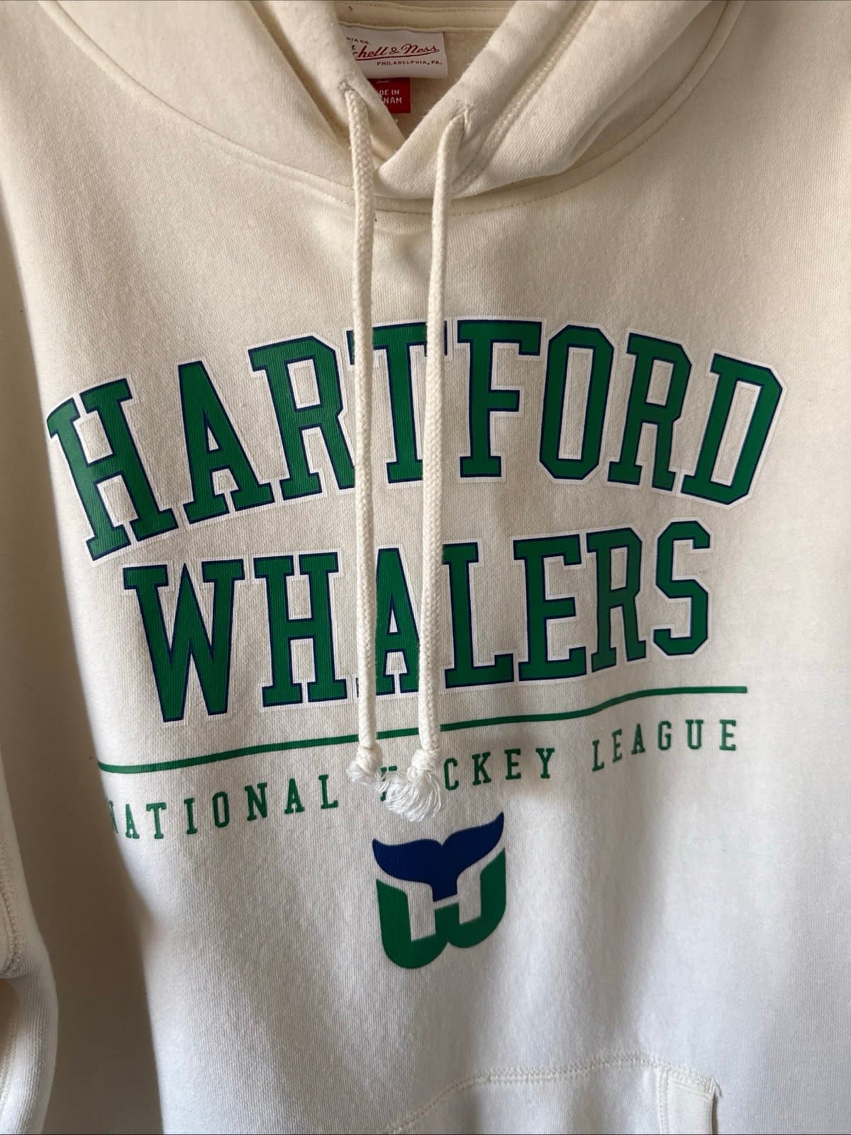 Men’s Mitchell & Ness Hartford Whalers Cream Walk-Off Fleece Hoodie Sz L - RARE - Thumbnail 2