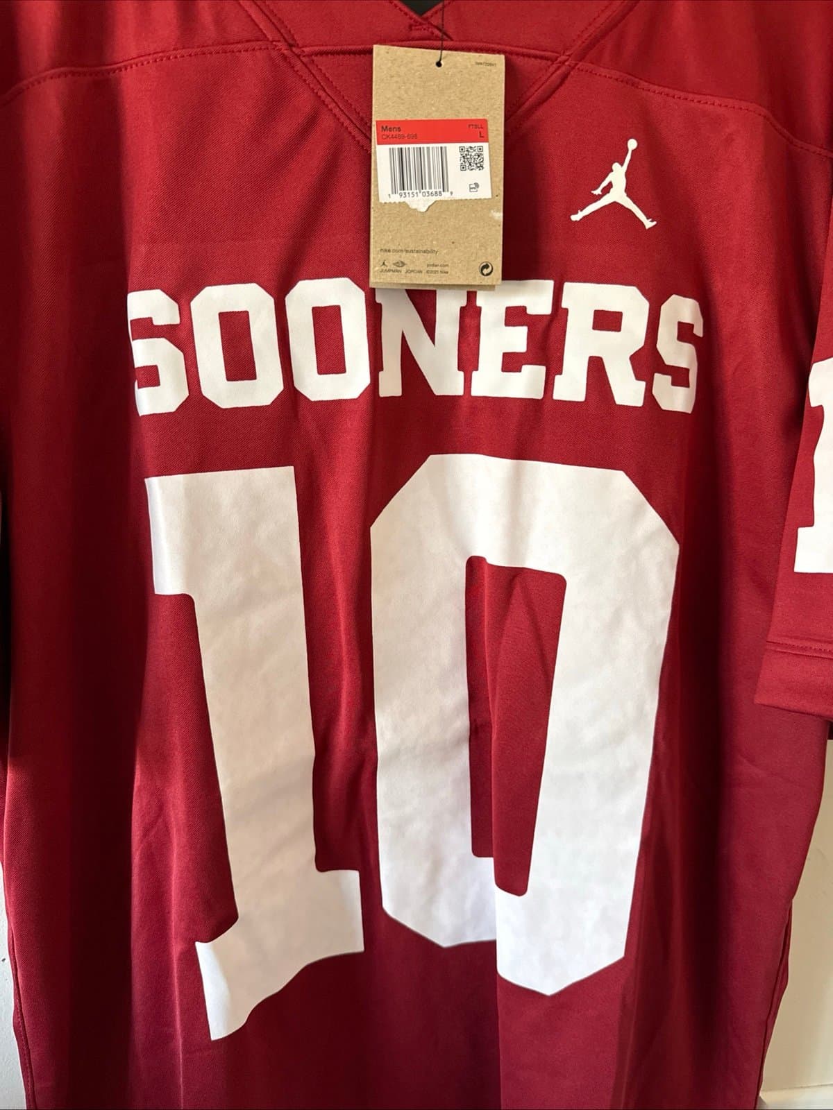 Men’s Jordan Jackson Arnold #10 Oklahoma Sooners NCAA Jersey Sz L - Maroon NWT - Thumbnail 2
