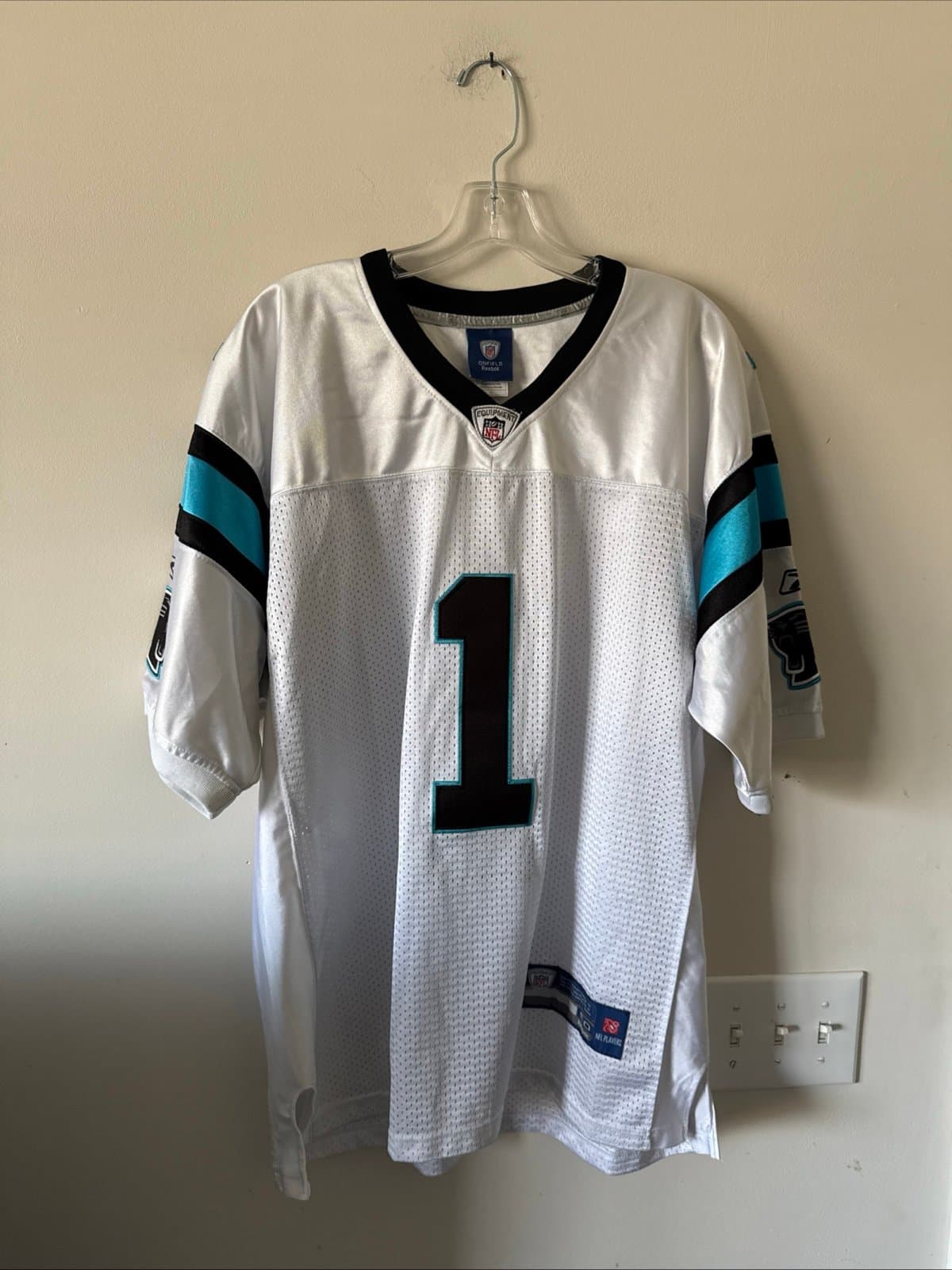 Men’s Reebok Cam Newton #1 Carolina Panthers On Field Jersey Sz 50 - White RARE - Image 1
