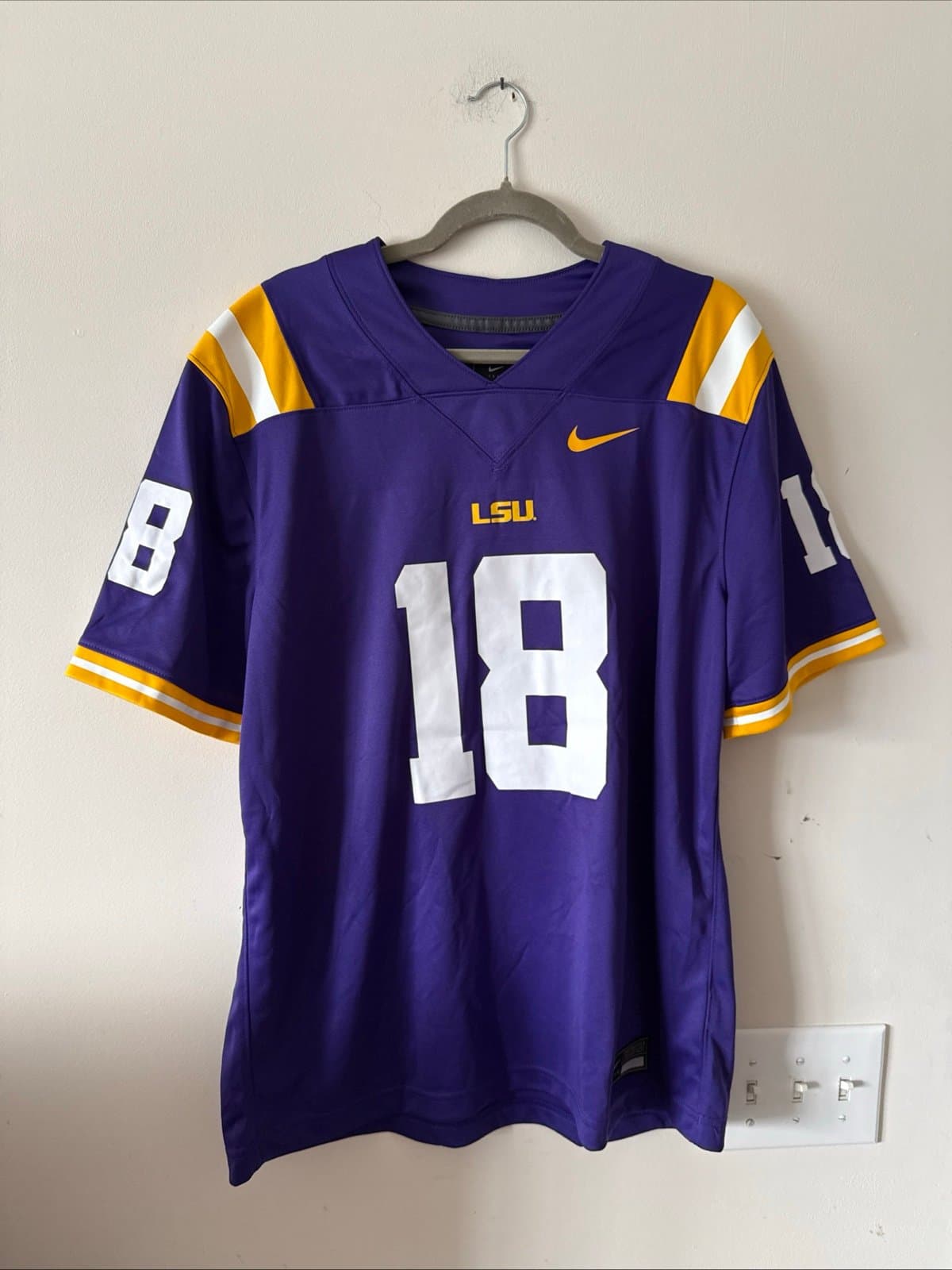 Men's Nike Garrett Nussmeier #18 LSU Tigers NIL NCAA Jersey Sz L - Purple RARE - Image 1