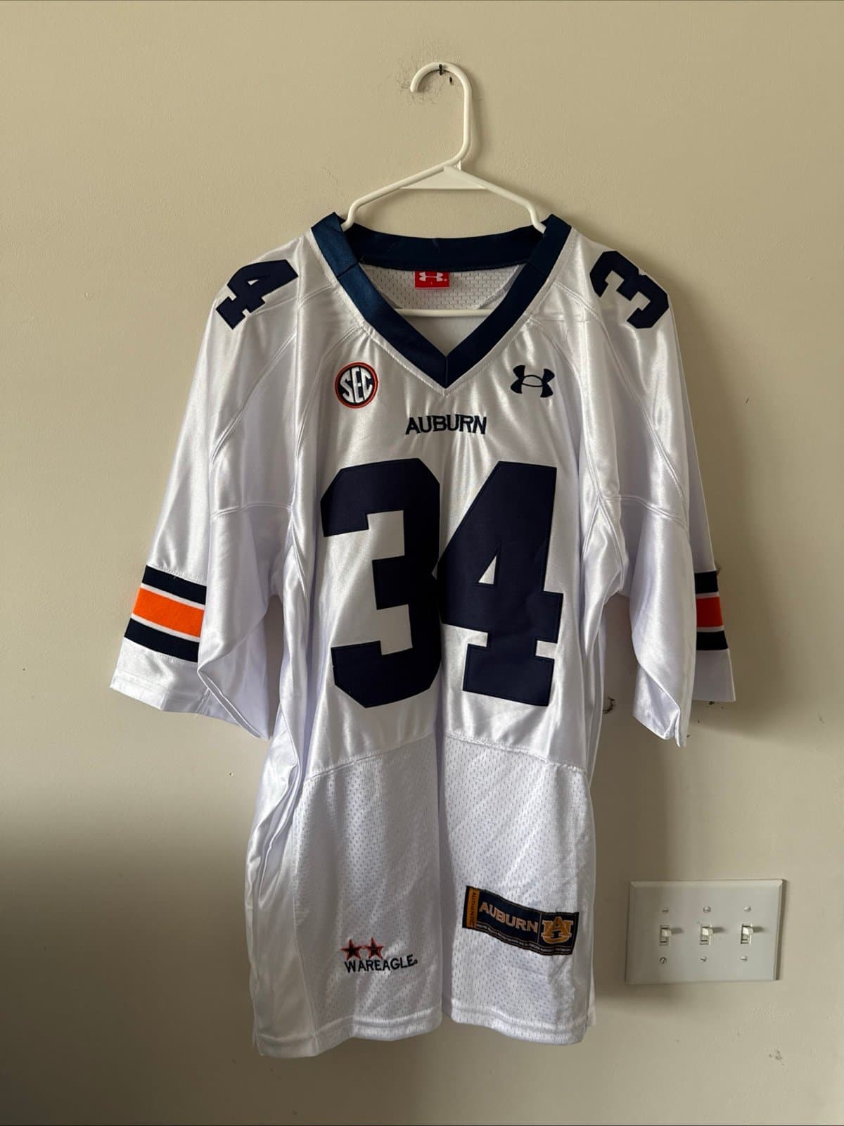 Men’s Under Armour Bo Jackson #34 Auburn Tigers NCAA Jersey Sz L - White RARE - Image 1