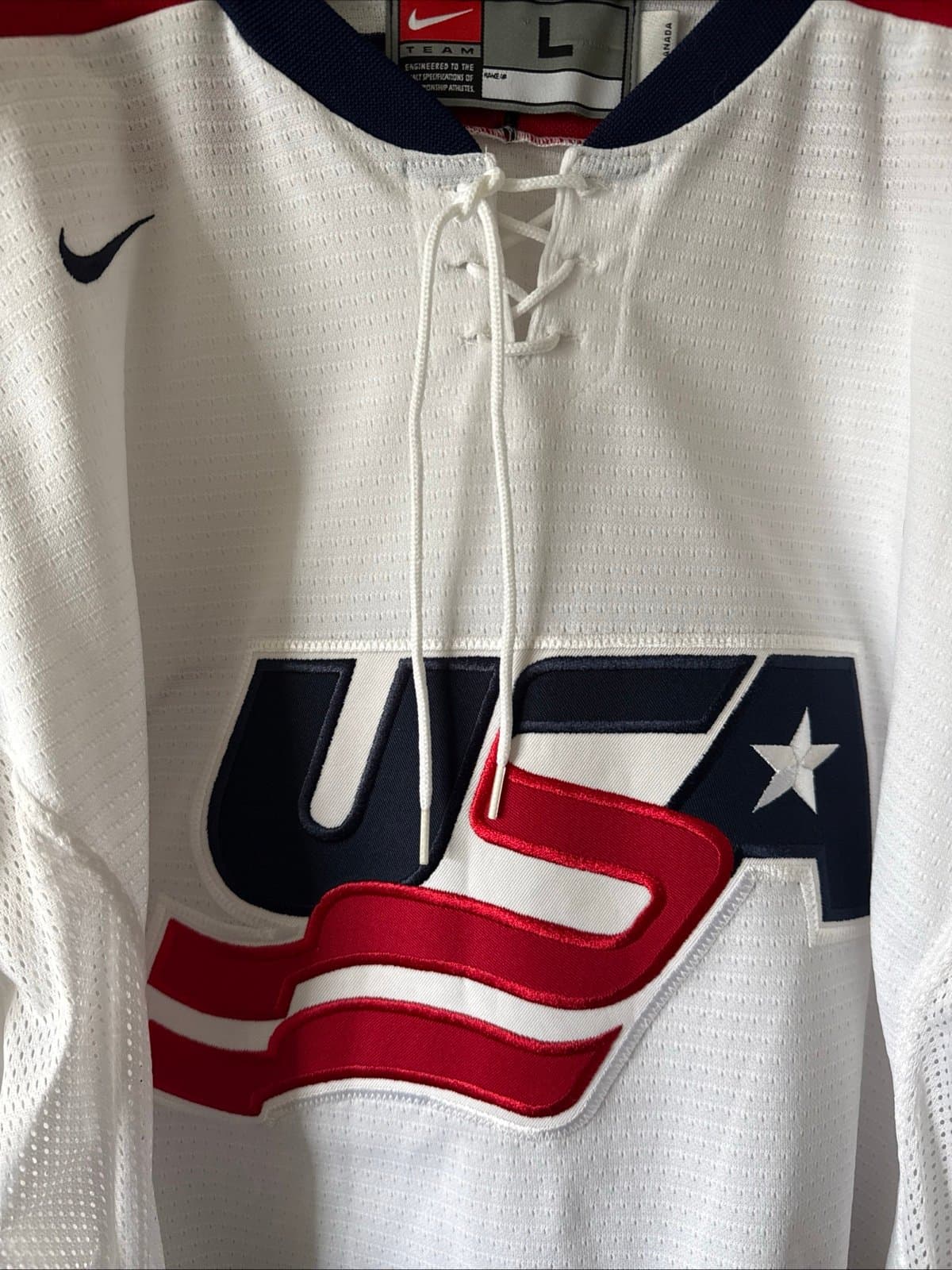 Men’s VTG Nike Team USA #9 2002 Winter Olympics Hockey Jersey Sz L - White RARE - Thumbnail 2