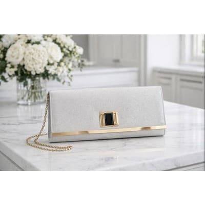 Classy Elegant Silver Glitter Clutch with Gold Accents by d’Margeaux New York - Image 1