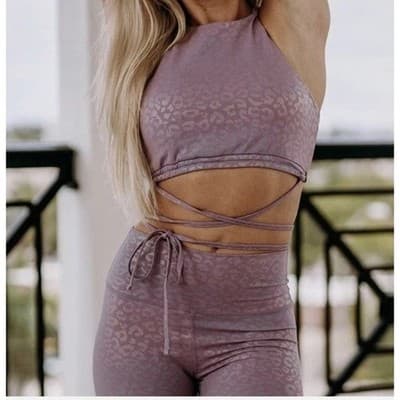 Werk Dancewear Purple Cheetah Strappy Wrap Sports Bra - Size Adult Medium - Image 1