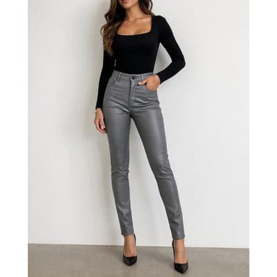Gray Faux Leather Skinny Pants High Rise Stretch Slim Size Large - Image 1
