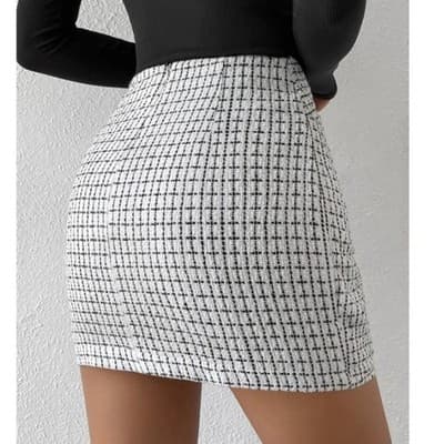 Womens Tweed Wrap Skirt Mini Black White Plaid Size Large 8/10 - Thumbnail 2