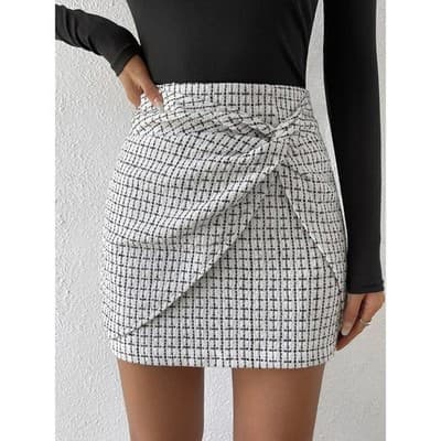 Womens Tweed Wrap Skirt Mini Black White Plaid Size Large 8/10 - Image 1