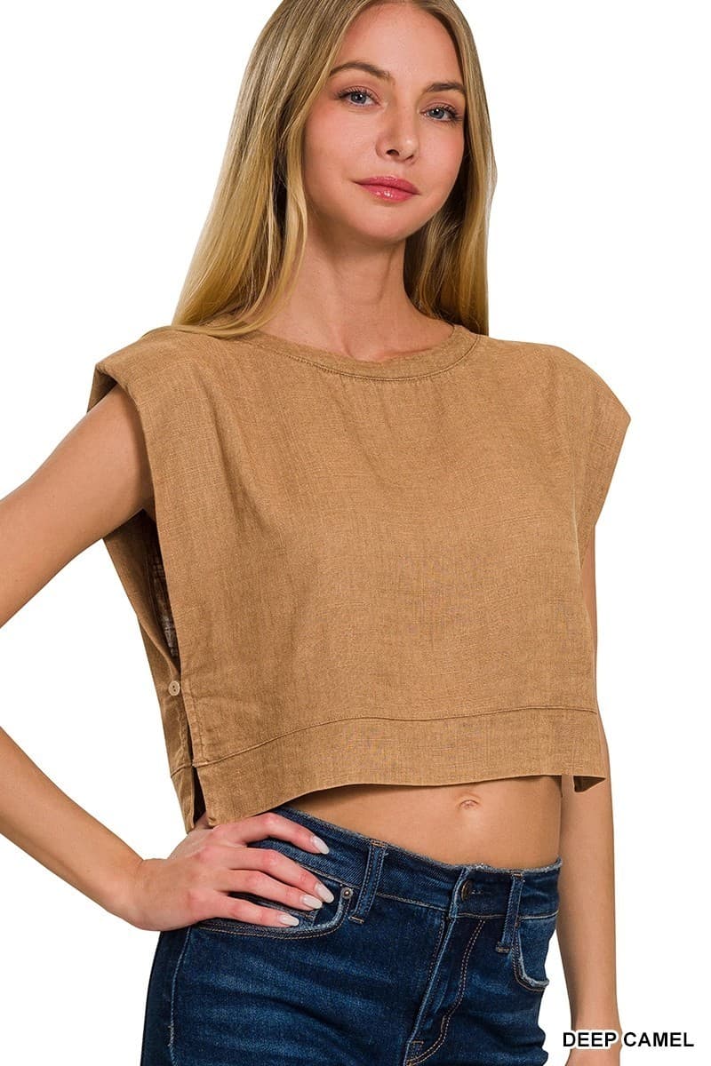 ZENANA Button Muscle Crop Top – Color: Deep Camel – Multiple Sizes - Image 1