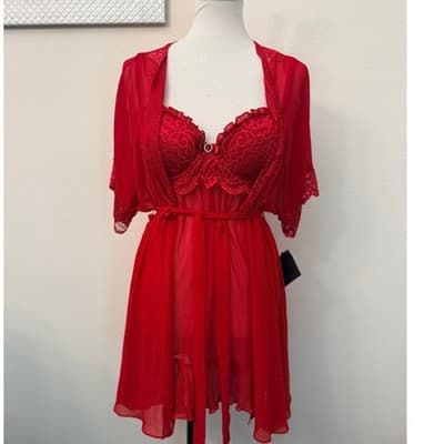 NEW 3 Piece Red Lace Lingerie Set Sheer Babydoll Robe - Image 1