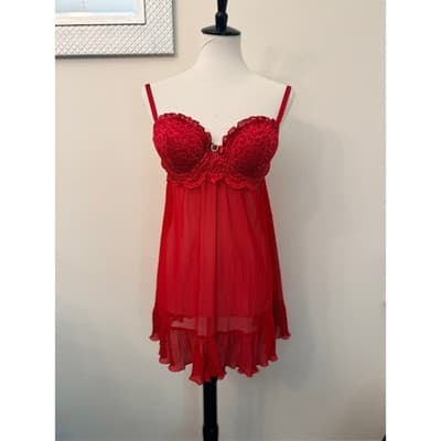 NEW 3 Piece Red Lace Lingerie Set Sheer Babydoll Robe - Thumbnail 4