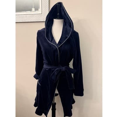 Juicy Couture Velour Hooded Robe Navy Blue Glam Lounge Size Medium - Thumbnail 2