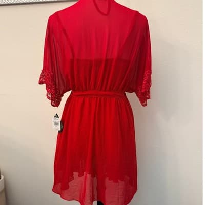 NEW 3 Piece Red Lace Lingerie Set Sheer Babydoll Robe - Thumbnail 3