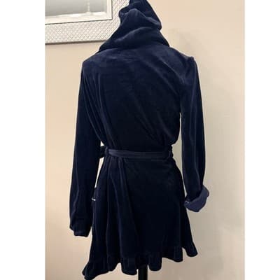 Juicy Couture Velour Hooded Robe Navy Blue Glam Lounge Size Medium - Thumbnail 3