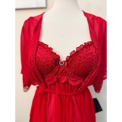NEW 3 Piece Red Lace Lingerie Set Sheer Babydoll Robe - Thumbnail 2