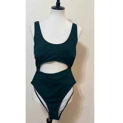 Ribbed One Piece Cut Out Padded Swim Suit Dark Green - NWOT - Size XL - Image 1