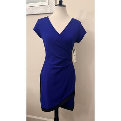 Blue & Black Colorblock Wrap Dress | Size Large | NWT | Bodycon Cocktail Dress - Thumbnail 2
