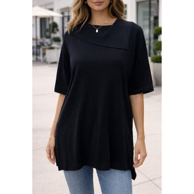 NWT Vince Camuto Foldover Split Neck Short Sleeve Black Knit Tunic Sweater Large - Image 1