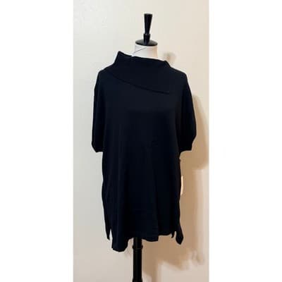 NWT Vince Camuto Foldover Split Neck Short Sleeve Black Knit Tunic Sweater Large - Thumbnail 2