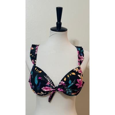 California Waves Push Up Black Floral Bikini Top Size Medium - Thumbnail 2